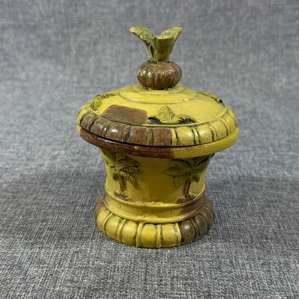 VTG Palm Tree Trinket Box Yellow Brown Storage Tropical Coastal Beach Jar Decor